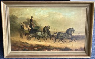 A framed picture depicting horses and carriage.