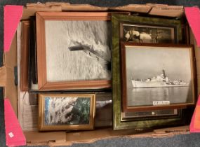 A box containing framed and glazed photographs, prints etc.