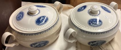 A pair of blue and white tureens.