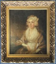 A gilt framed oil on canvas depicting a portrait of a lady.