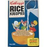 A brightly coloured unframed acrylic on canvas depicting a Kellogg's Rice Krispies cereal box.