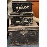 Three old metal deed boxes.