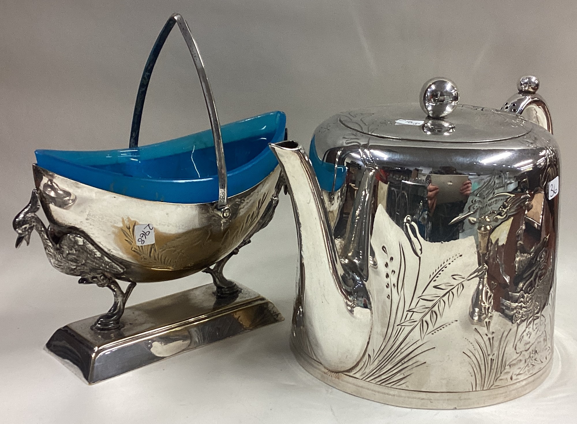 An old plated teapot together with a basket. - Image 2 of 2