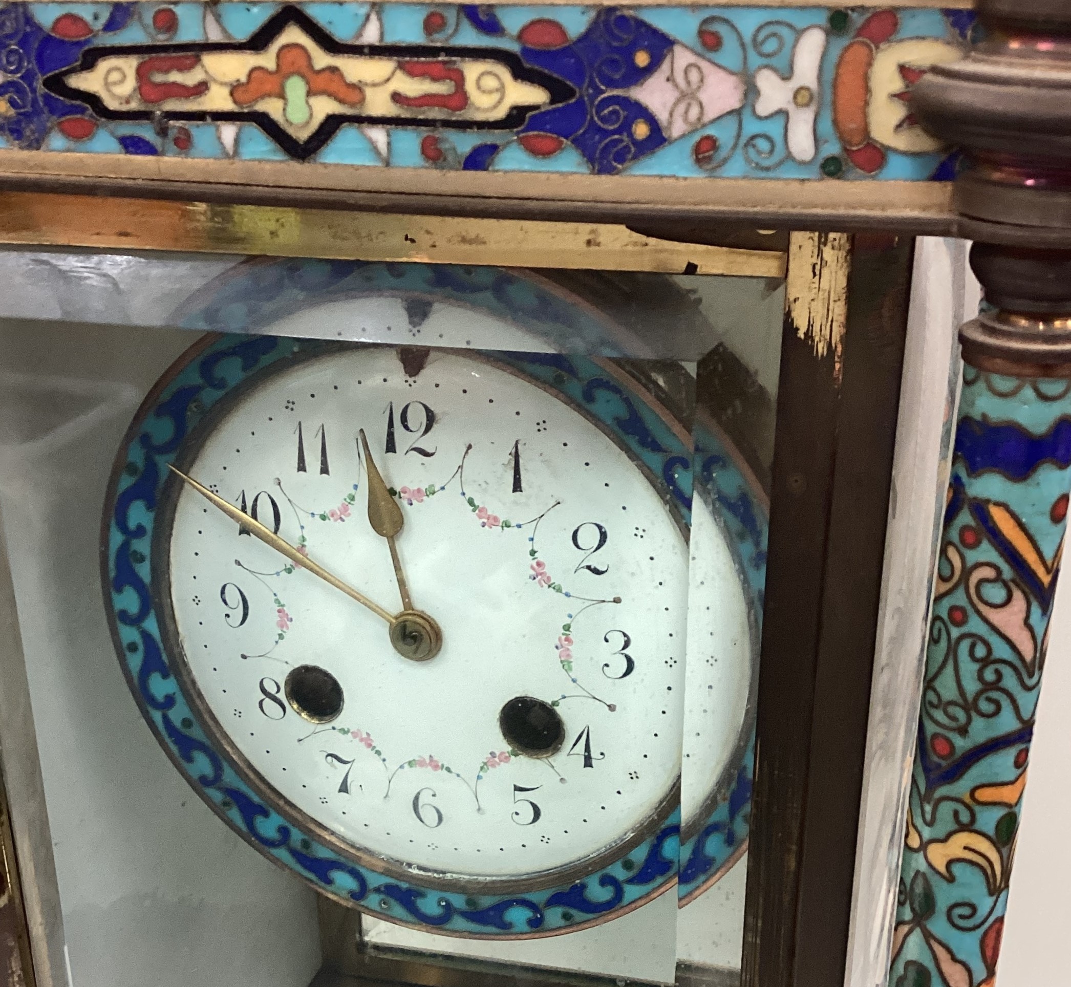 A large Continental brass and enamelled clock decorated in bright colours. - Image 2 of 5