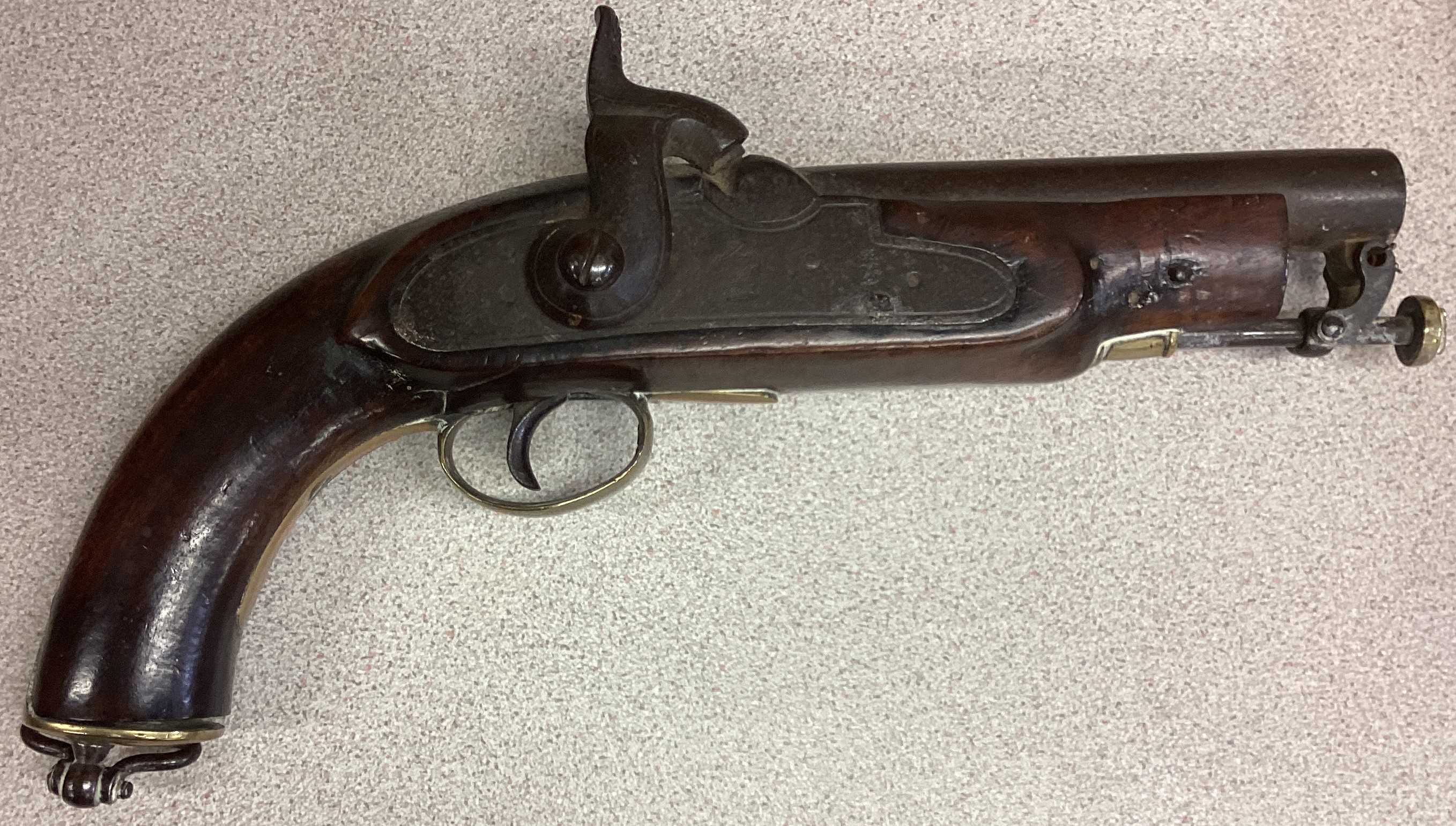 An old oak and brass mounted flintlock pistol. - Image 2 of 2