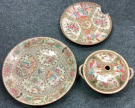 A large circular Canton potpourri bowl together with a charger etc.