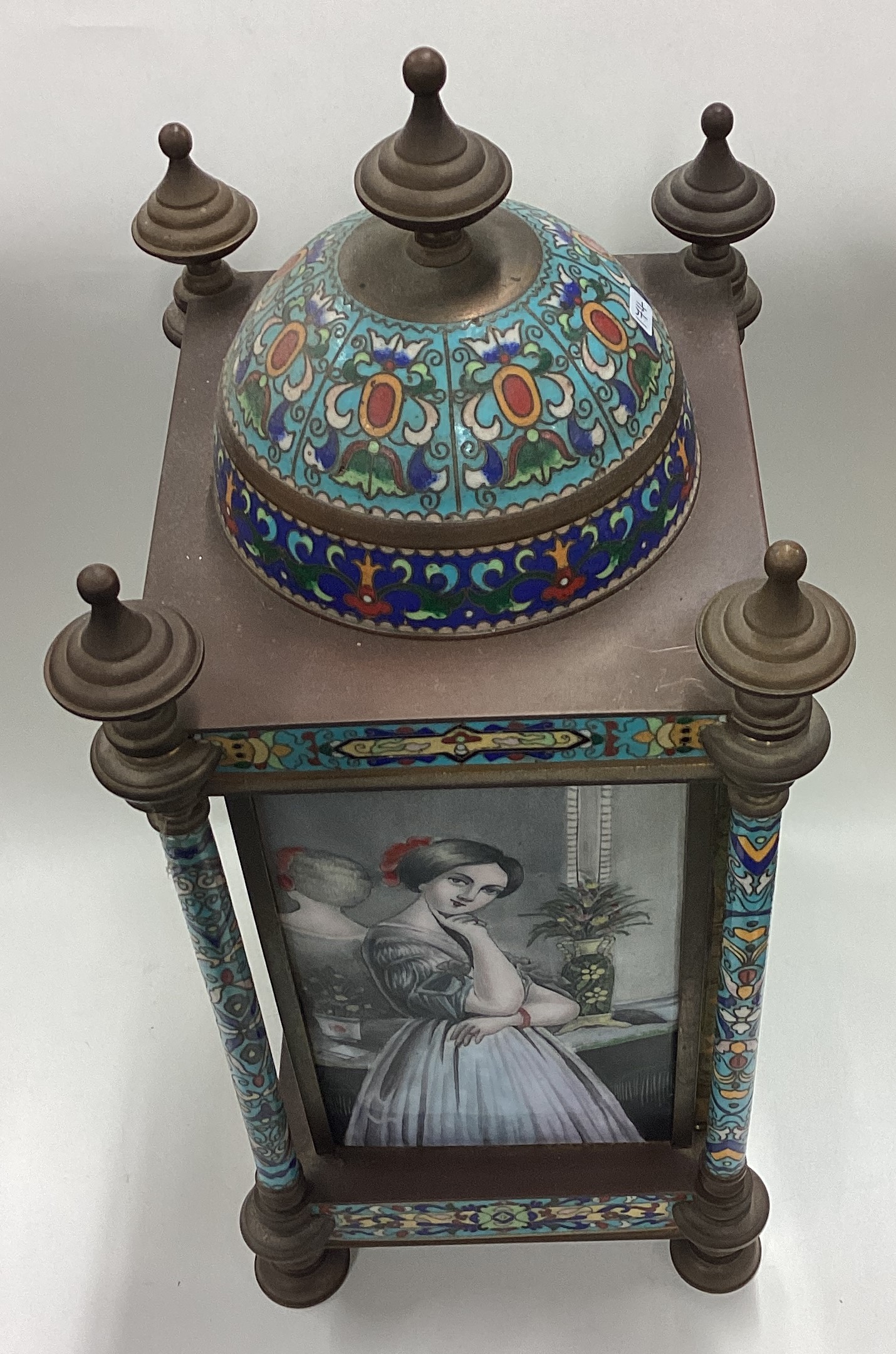 A large Continental brass and enamelled clock decorated in bright colours. - Image 5 of 5