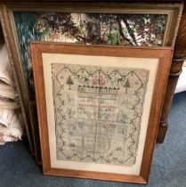 A framed and glazed sampler etc.