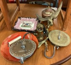 A pair of lustreware dishes together with brass scales etc.