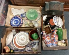 Three boxes of pottery together with a cast iron hopper etc.