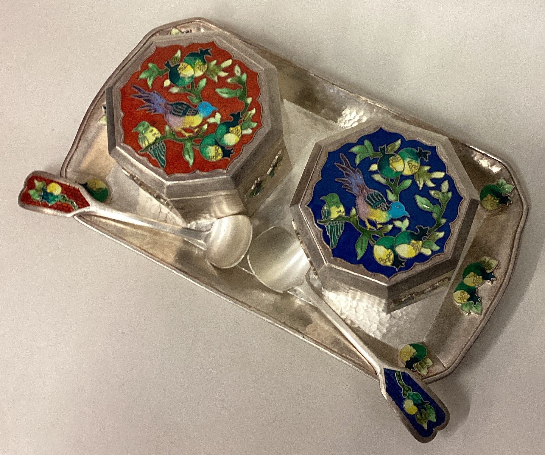 A pair of Continental silver and enamelled boxes on matching tray. - Image 2 of 4