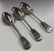 EXETER: A heavy matched set of three silver fiddle pattern tablespoons.