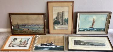 A selection of six framed pictures and prints to include a pencil drawing of Hadley Church.