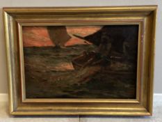 JOSEPH KIRKPATRICK: (British, 1872 - 1930): A framed oil on canvas depicting hauling the nets.