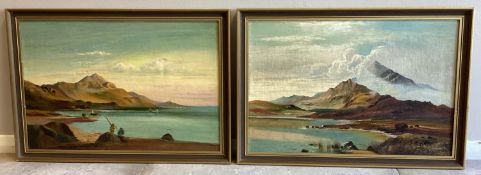 A pair of framed oils on canvas depicting seascapes with figures, sailing boats and mountains.