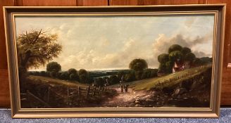 LOWE?: A framed oil on canvas depicting figures walking on a country path.