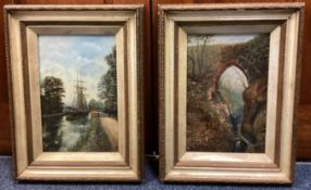 A pair of framed and glazed oils on board depicting a sailing boat on canal and bridge with path.