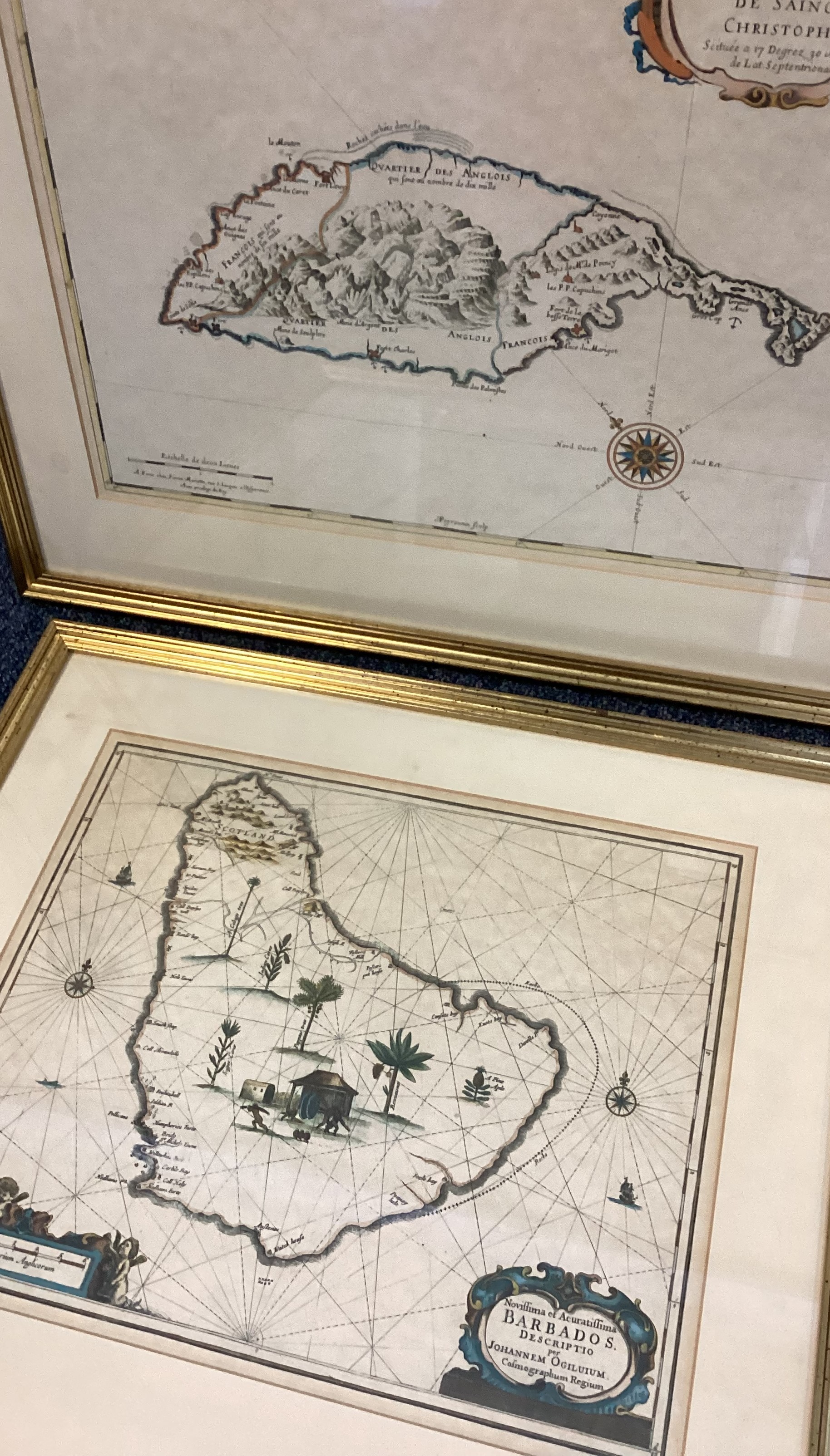 A pair of gilt framed reproduction maps of Barbados and St Christopher Island. - Image 2 of 3