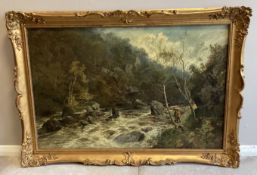 PIKE: A framed oil on canvas depicting fishermen by a torrent.