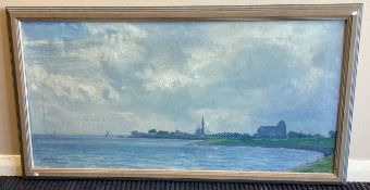 DUTCH SCHOOL: A framed oil on canvas depicting a coastal scene with buildings.