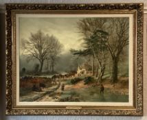 A large picture depicting a woodcutters cottage scene with horses and cart and figures by a stream.