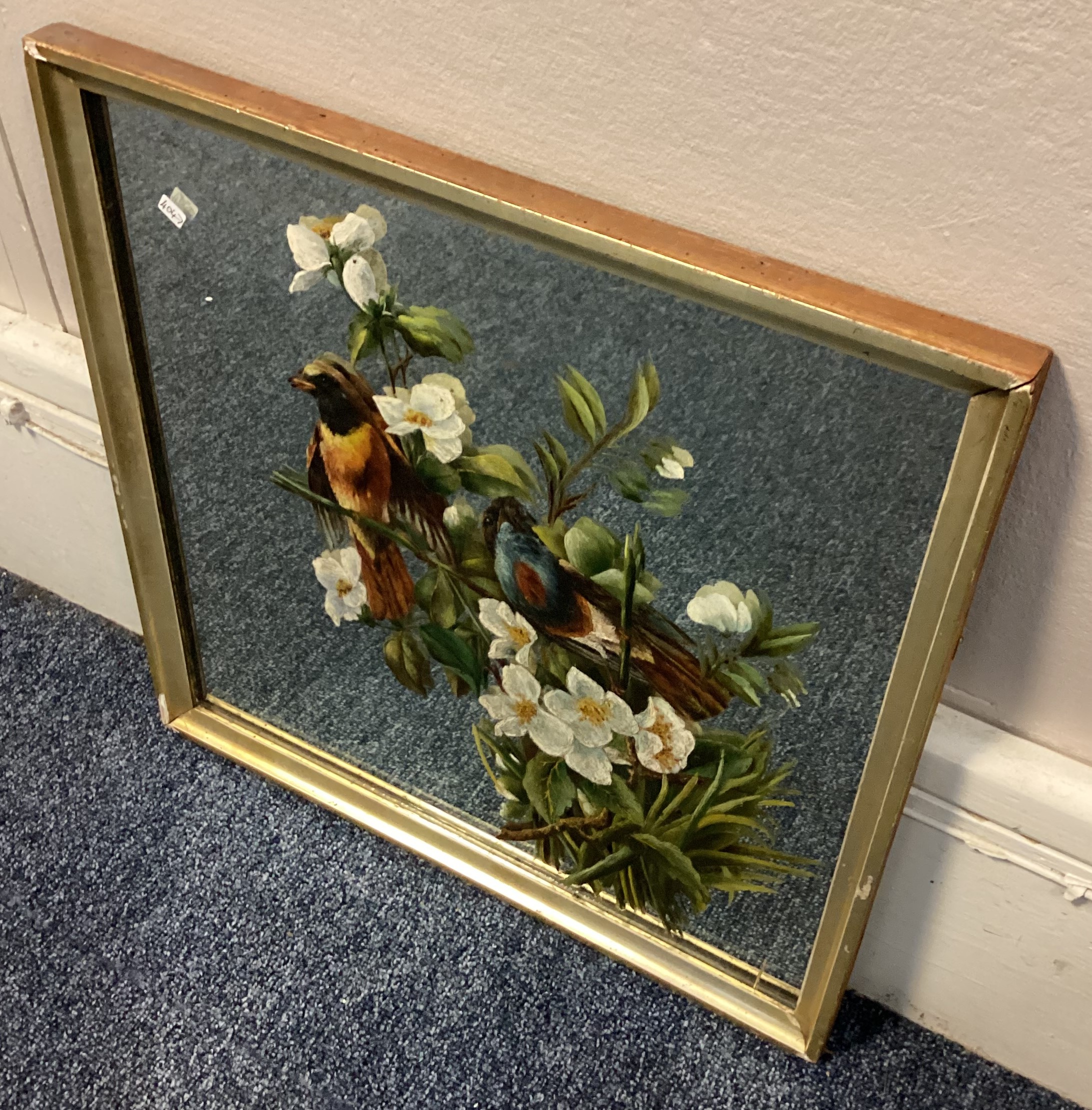 A gilt framed mirror hand painted with birds and flowers. - Image 2 of 3