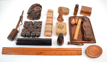 A collection of treen and raffia including furniture brackets, draughtsman's rule, string holders,