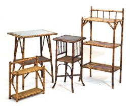 A group of Aesthetic Movement bamboo furniture including a three-tier lacquered bookcase or shelving