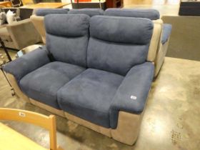 2 tone blue and grey upholstered lounge suite with electric reclining comprising 2 seater sofa and