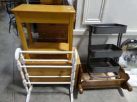 Collection of furniture including rocking crib, mobile metal trolley, white painted towel rail, a