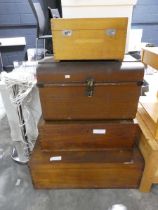 2 wooden trunks, 1 with a red baise lining together with a twin handle metal trunk and a small