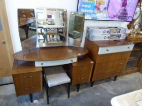 Mid century bedroom suite comprising 2 tone dressing unit with matching grey upholstered stool and 3