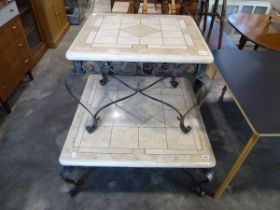 Modern wrought iron framed coffee table with white inlaid marble type surface