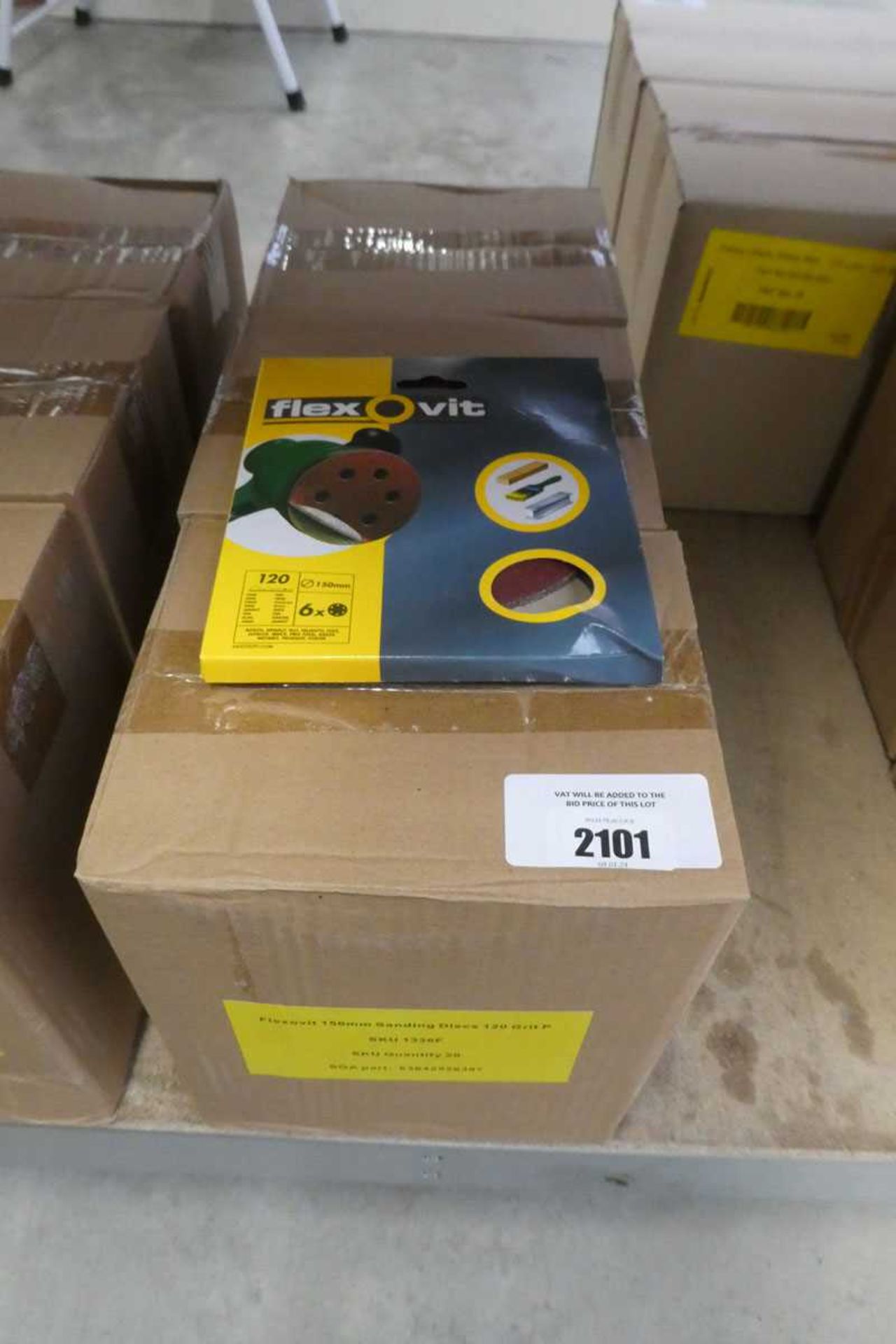 +VAT 3 boxes containing 20 packs each of Flexovit 6 piece sets of 120 grit orbital sanding discs