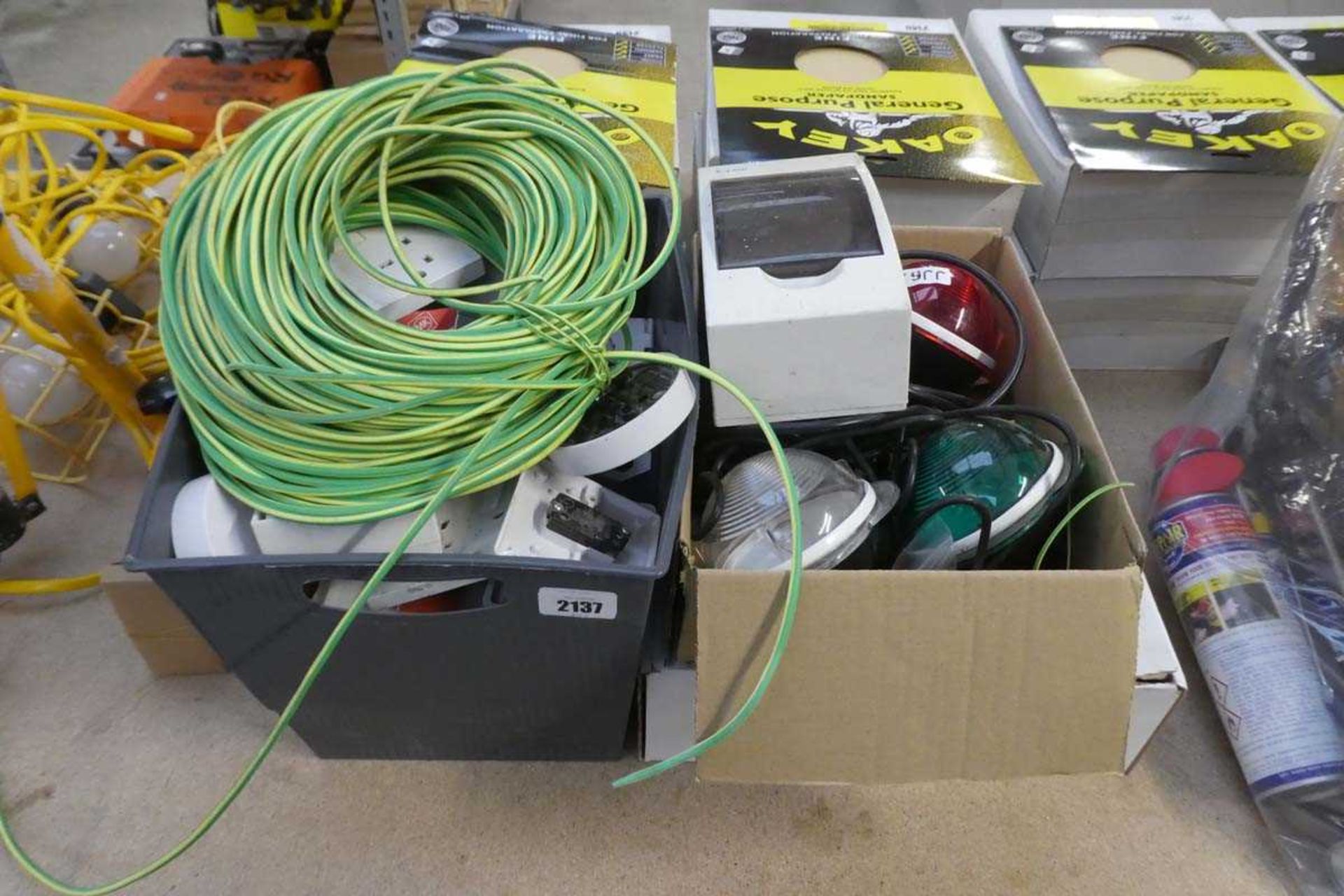 Crate of mixed electrical items and components with boxed multicoloured 3 way lighting system