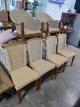 6 woven dining chairs on wooden frames, including 2 carver style chairs