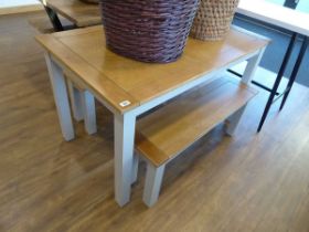 Modern grey rectangular dining table with light oak effect surface and 2 matching dining benches