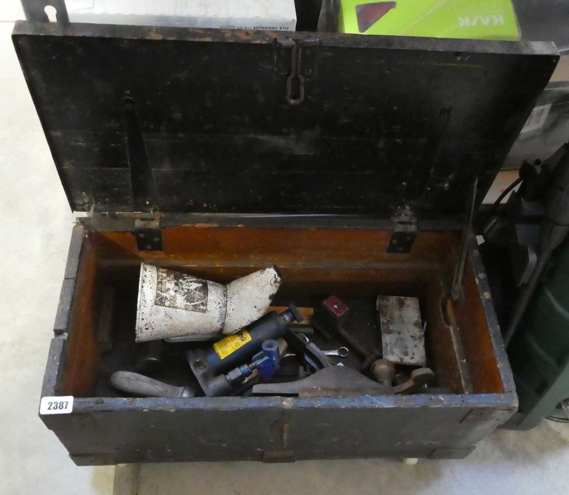 Wooden toolbox (initialed J.C.) containing mixed tooling