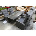Grey rattan 5 piece outdoor dining set, comprising 4 reclining armchairs with matching grey button