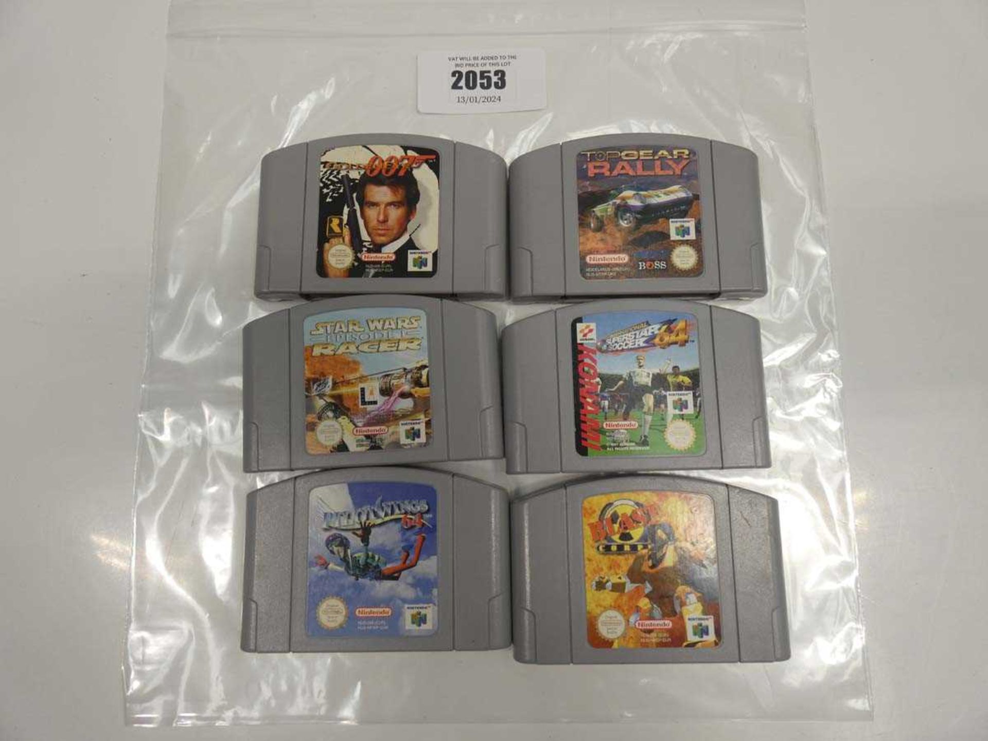 +VAT 6x Nintendo 64 games; Golden Eye, Top Gear Rally, Star Wars Racer, Super Soccer, Blast, Pilot