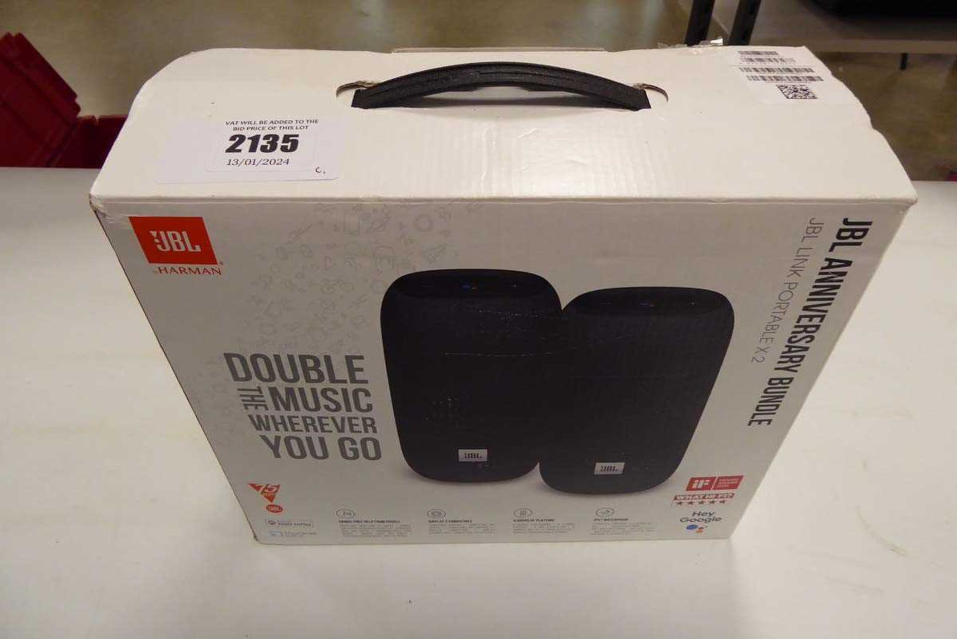 +VAT Boxed JBL Harmon Anniversary bundle containing 2 x JBL Link portable smart speakers