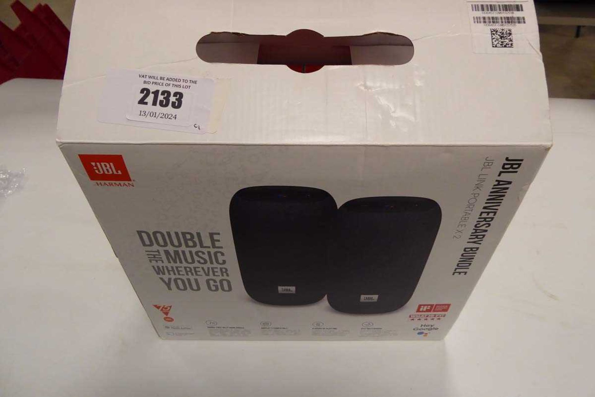 +VAT Boxed JBL Harmon Anniversary bundle containing 2 x JBL Link portable smart speakers