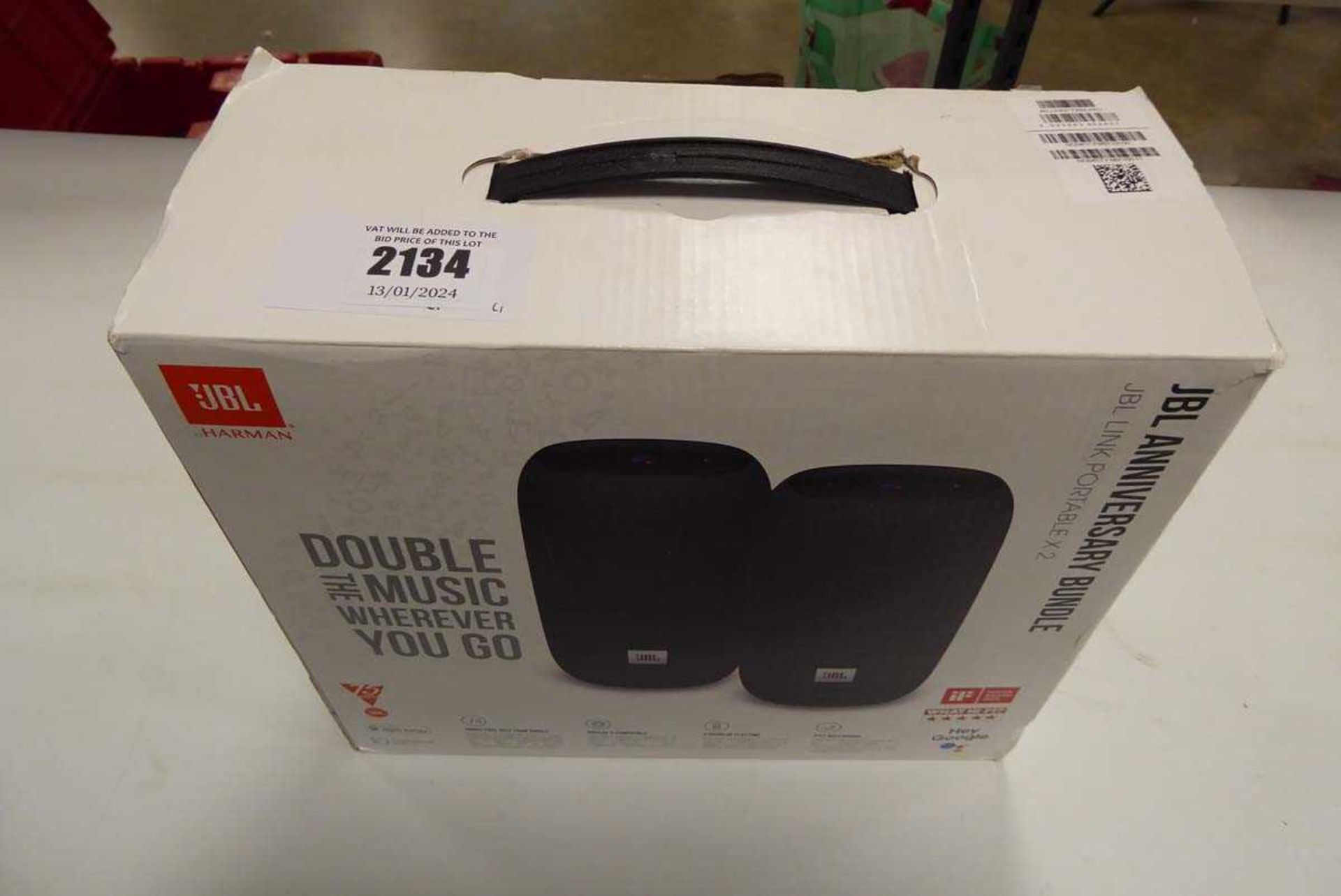 +VAT Boxed JBL Harmon Anniversary bundle containing 2 x JBL Link portable smart speakers