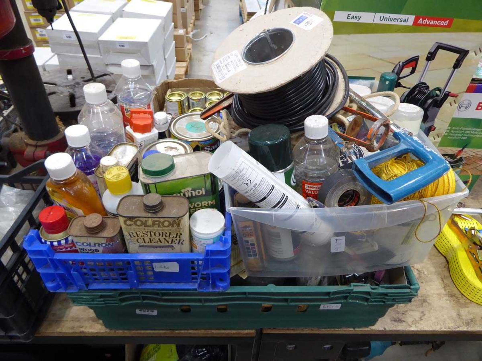 3 plastic crates containing wood worm killer, methylated spirits, fixings, tools, wire, etc