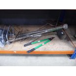 Small assortment of tools, including hay fork, secateurs, large mallet etc.