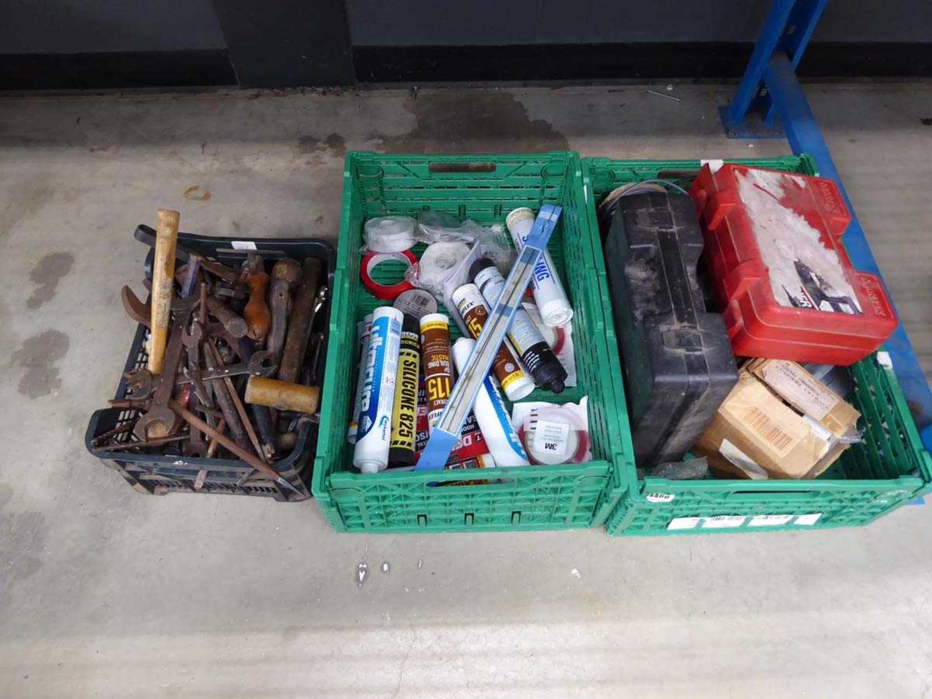 3 plastic crates containing silicone, tools and other items