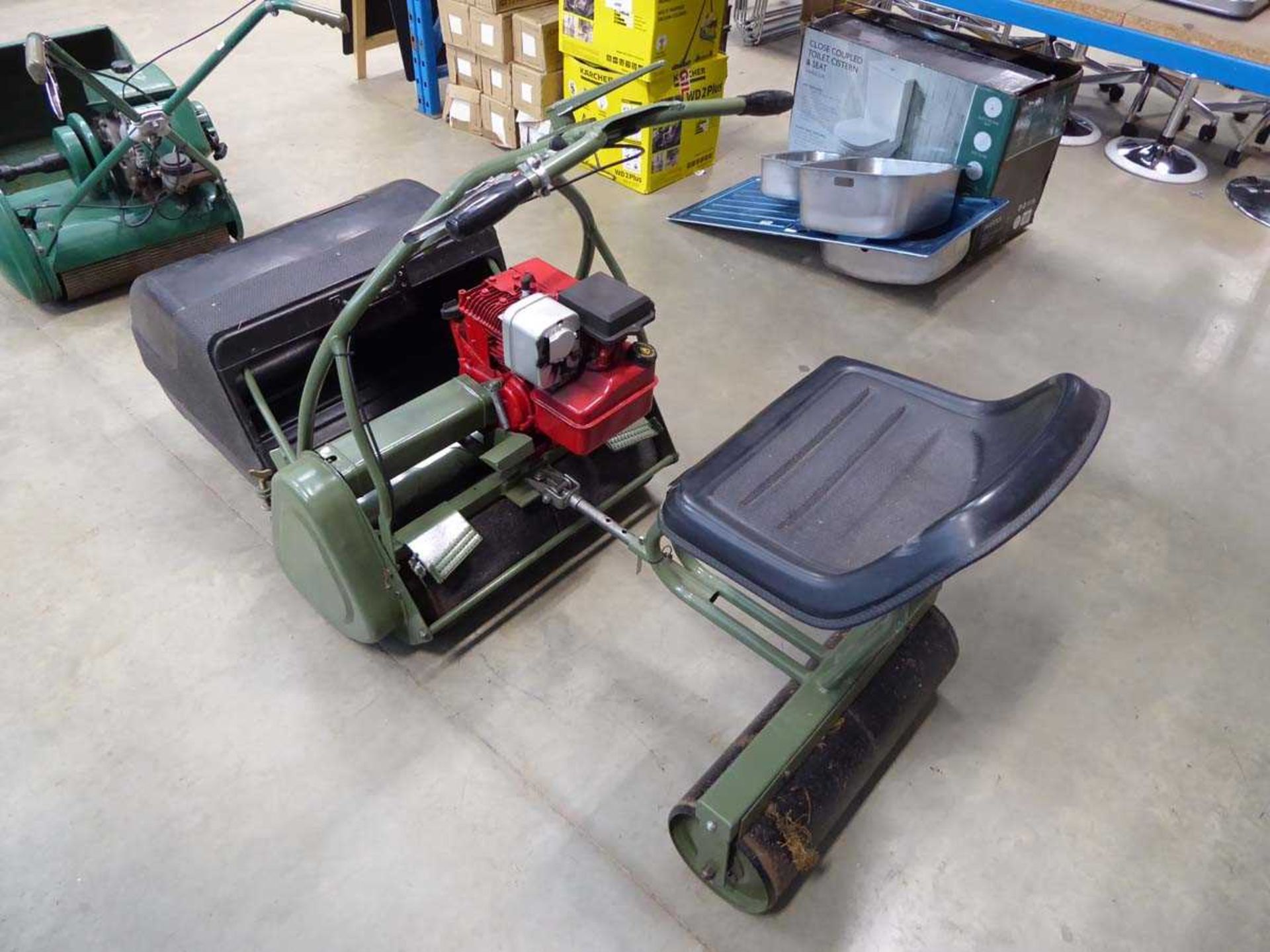 Webb petrol powered cylinder mower complete with front grass box, rear roller and seat - Image 2 of 4