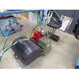 Webb petrol powered cylinder mower complete with front grass box, rear roller and seat