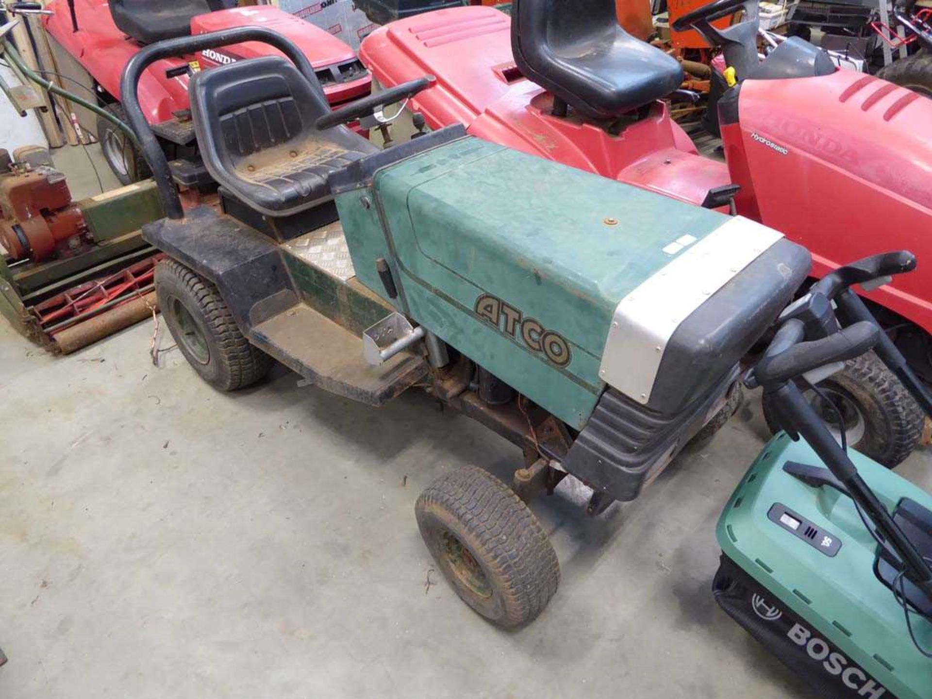 Atco petrol powered ride on mower, no cutting bed