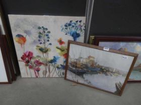 Vernon Ward print of a harbour, plus a modern wall hanging of flowers